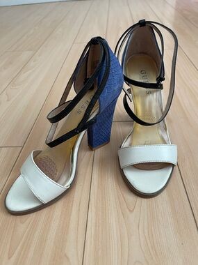Guess Two-Tone Block Heel Sandals in White, Black & Blue